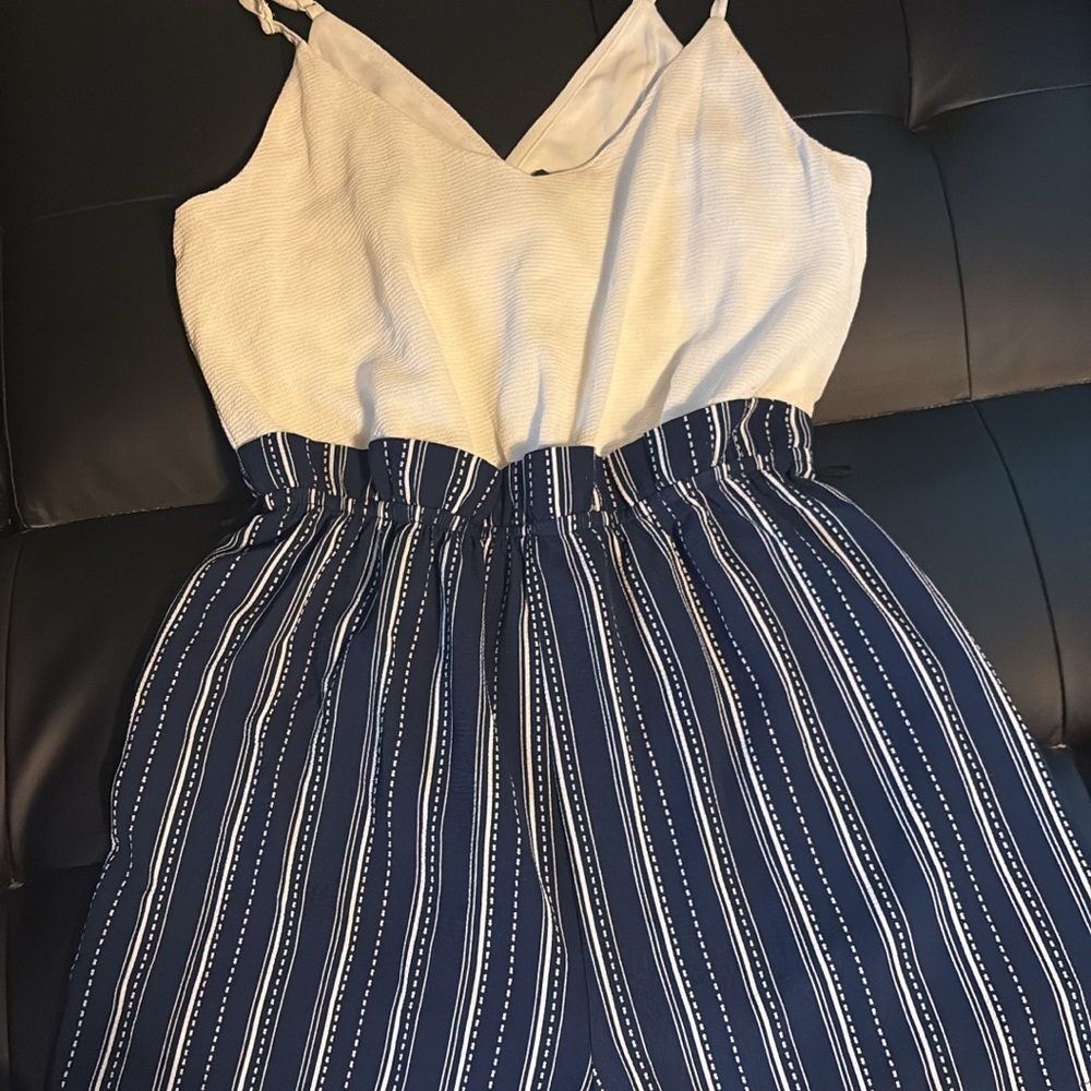 White and Blue Striped romper
